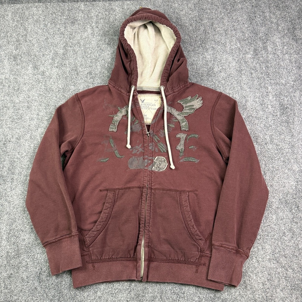 Vintage American Eagle Hoodie Mens M Burgundy Full Zip Y2K Factory Distressed